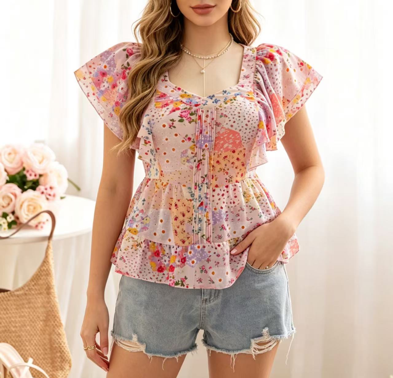Summer Clothing Girls - Übergröße Damen Nischen-Design Kleines Blumenmuster Rüschen-Spitzenbesatz