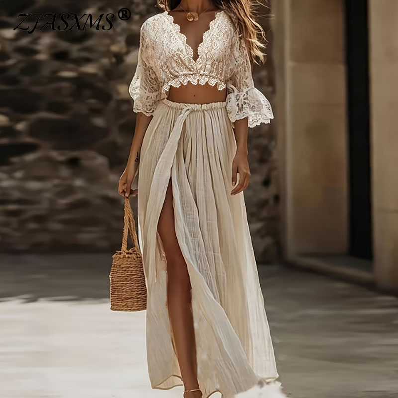 Summer Clothing Vacation - Damen Boho-Spitzen-Zweiteiler: Sexy Crop-Top mit tiefem