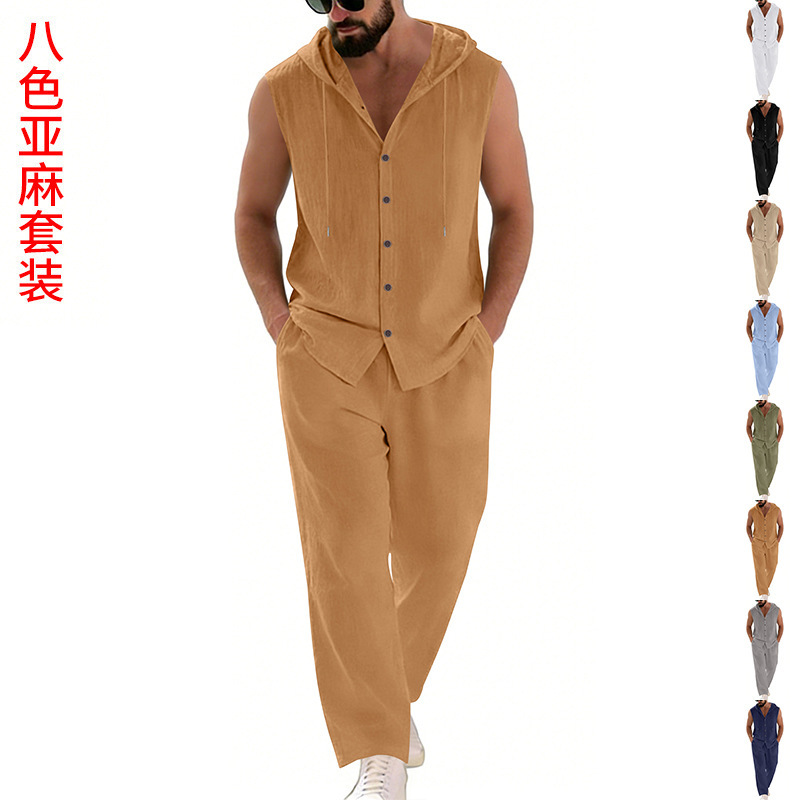 Summer Clothing Sets - Herren-Freizeitanzug aus Leinen mit Kapuzenpullover und