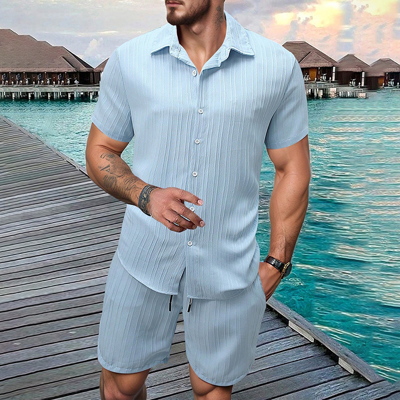 Summer Clothing Beach - 2026 Neues Herren-Set: Vertikal geknittertes Revers-Kurzarmhemd