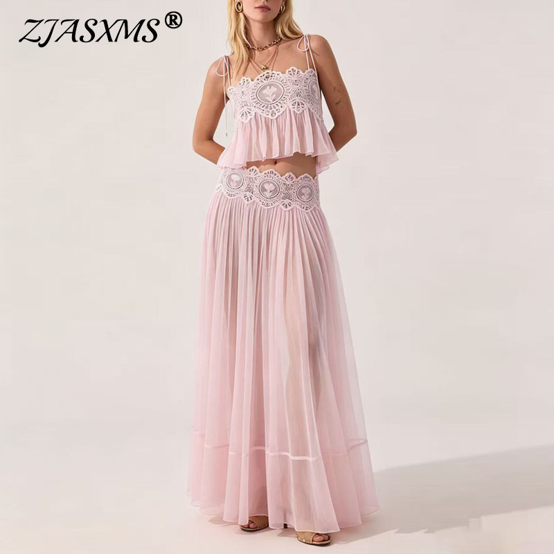 Summer Clothing Vacation - Damen Spitzen-Spaghettiträger-Crop-Top und langer Rock Zweiteiler-Set